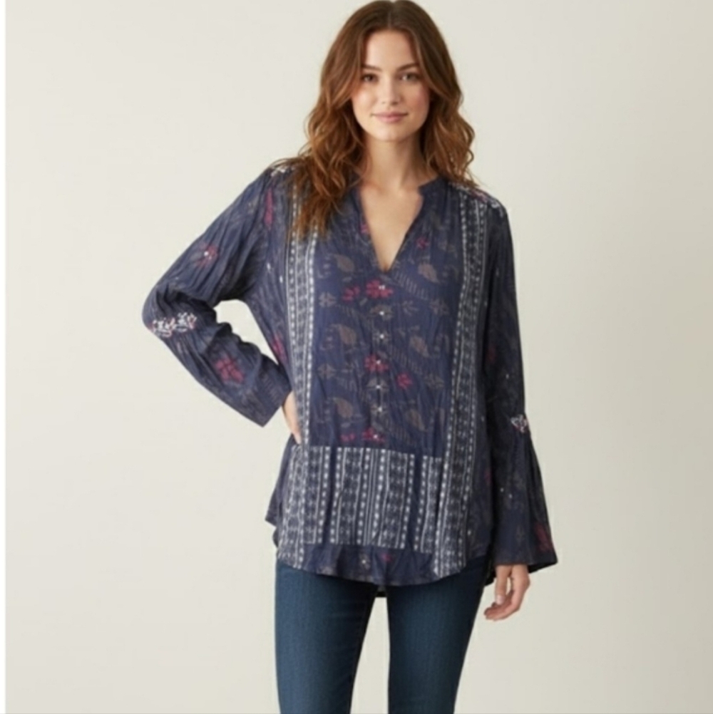 Lucky Brand Mixed Print Long Sleeve Peasant Top in Blue Boho Festival Size Large